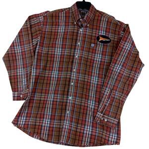 Cinch Fast‎ Back Ropes Shirt Mens Large Red Plaid Pressed Patched Roping Rodeo